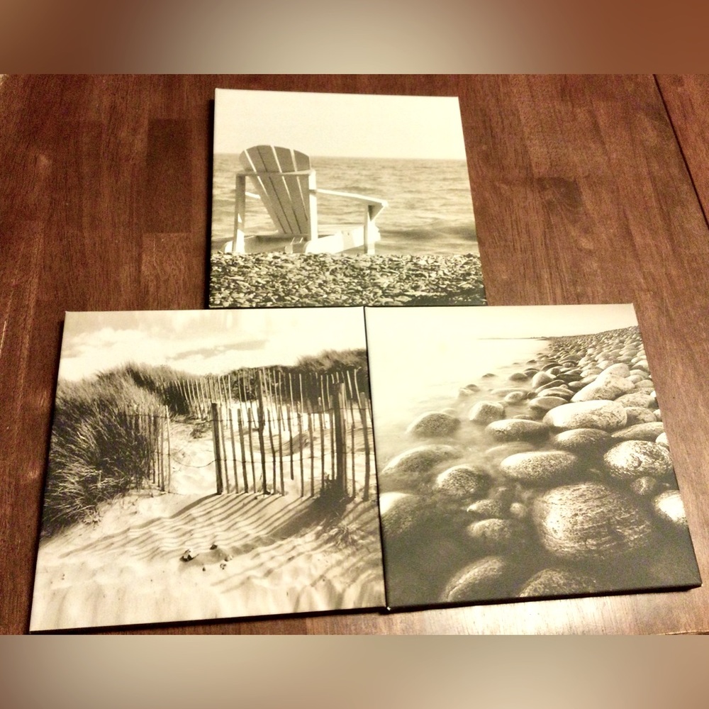 3 Pack ~ Coastal Beach Print on Canvas ~ Sand Sun & Waves ~ 10”x10”